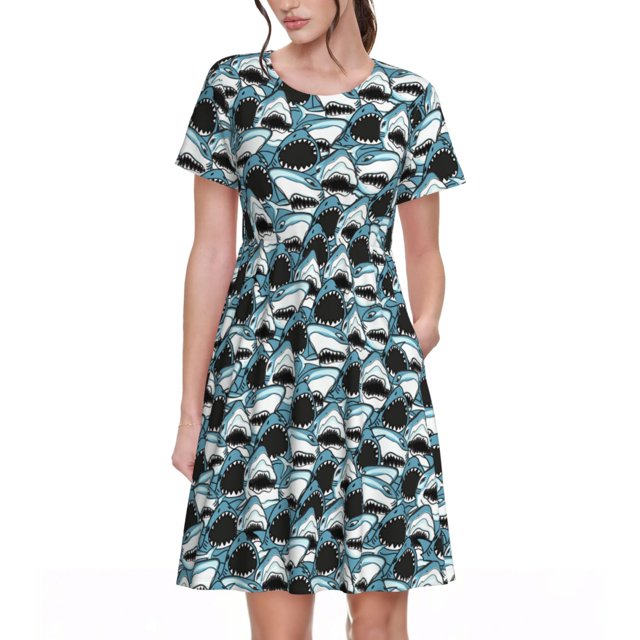 Easygdp Angry Shark para Vestido Transpirable de Mujer, Vestido Suelto de Manga Corta con Pliegues y Bolsillos para el Verano