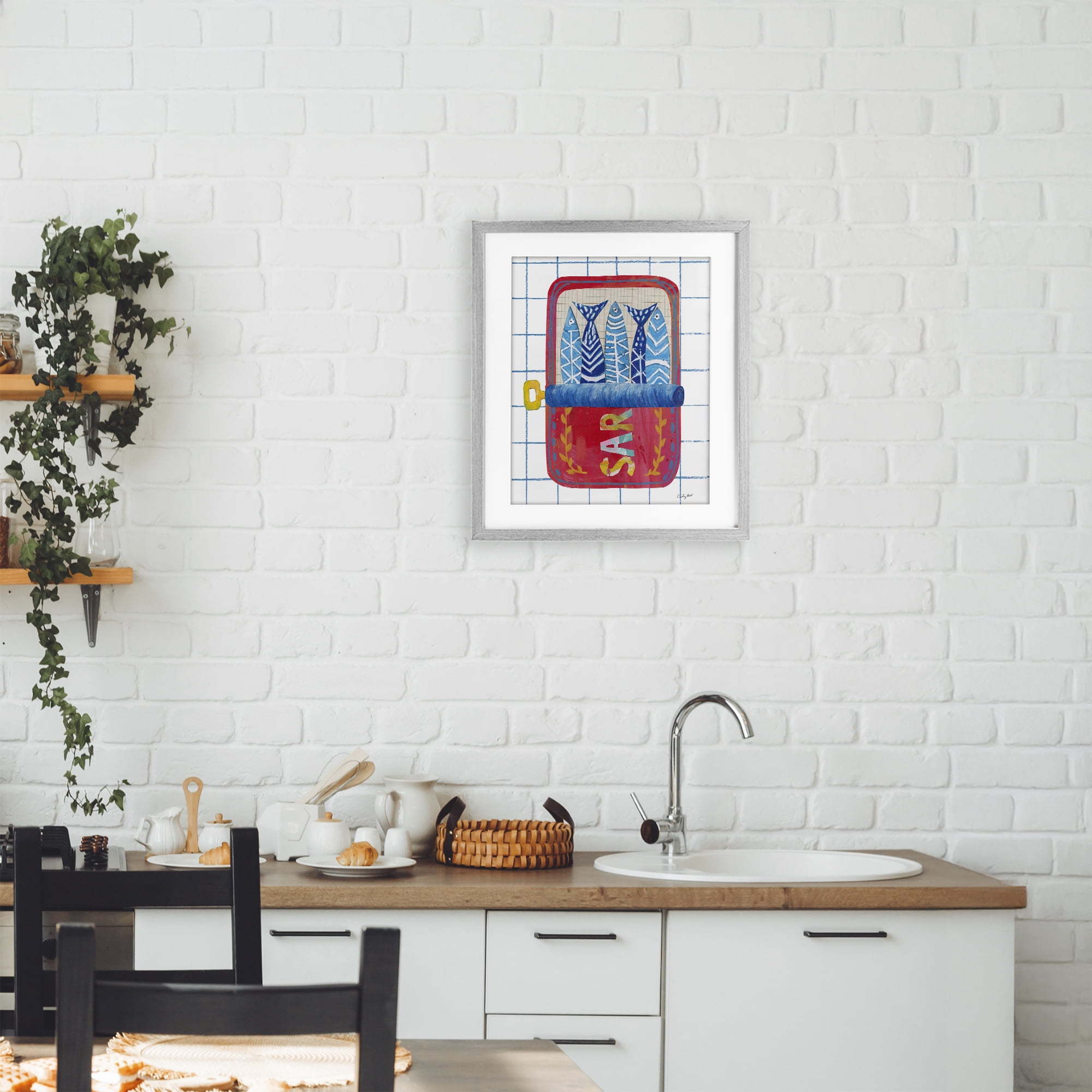 Stupell Industries Silly Sardines Red Tin Gray Framed Print Under Glass, design by Courtney Prahl