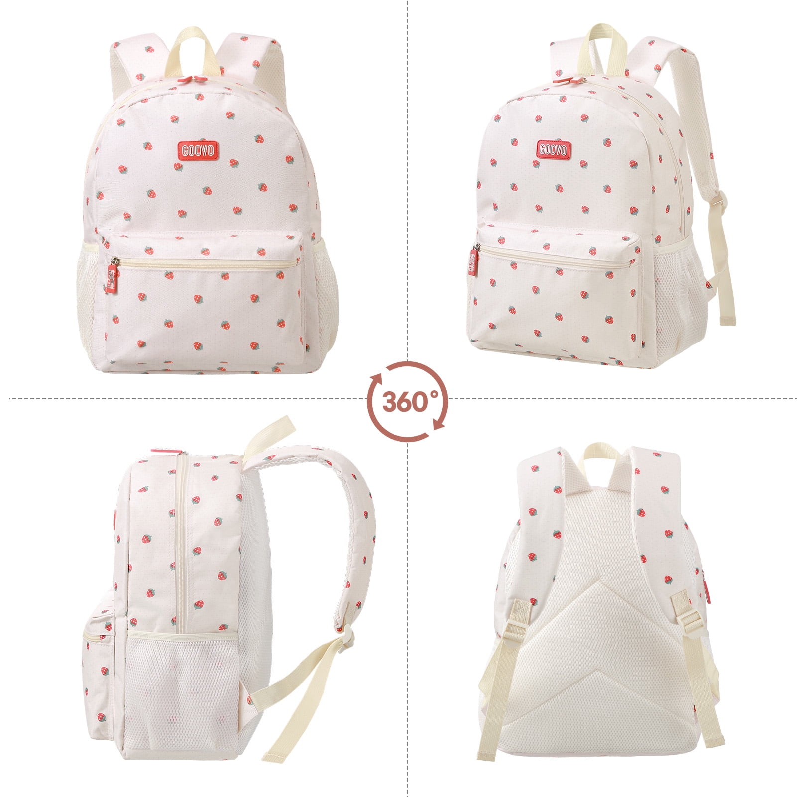 Gocvo Kids Backpack for Girls, Waterproof Teens Bookbag Cute School Backpacks, Beige Strawberry Pattern