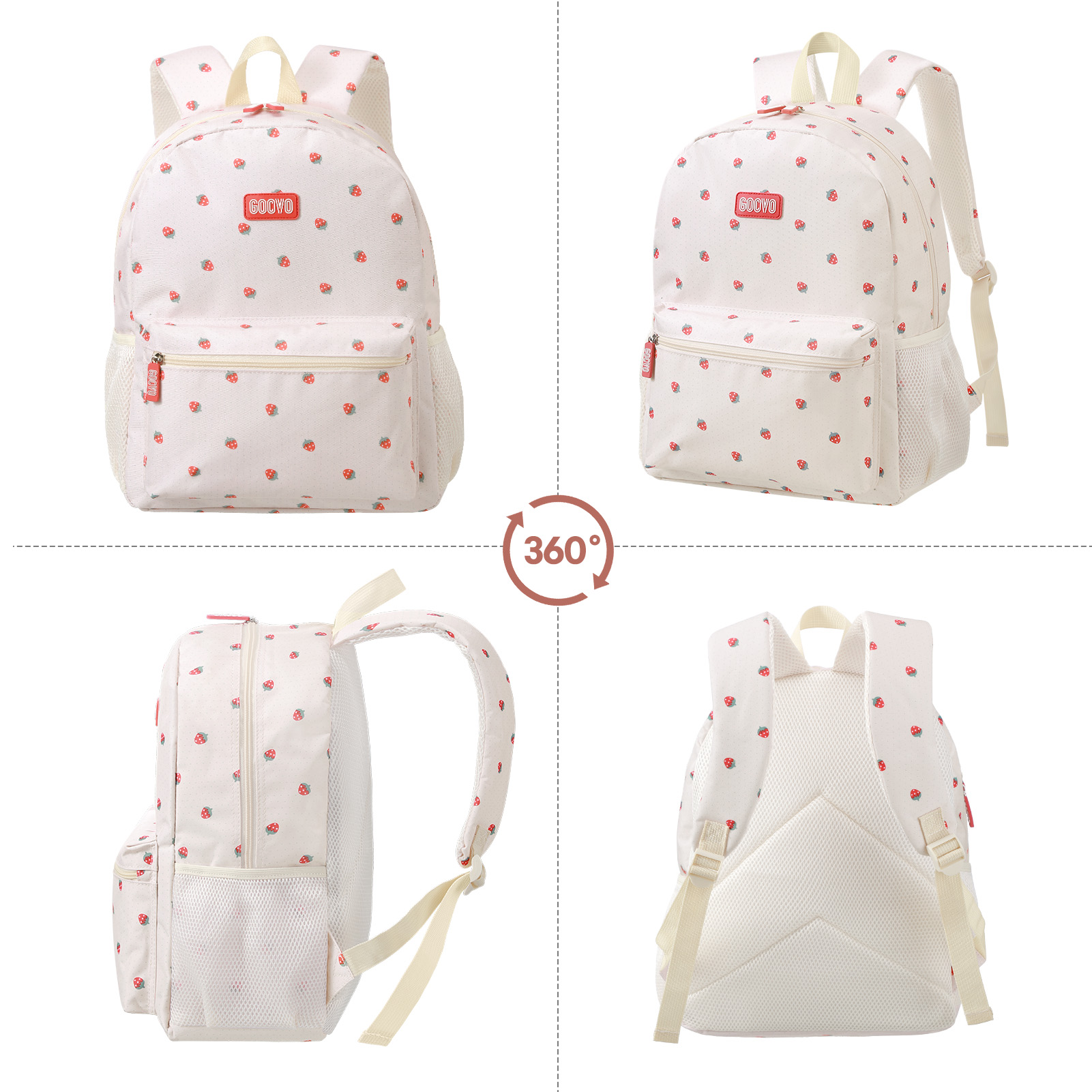 Mochila para niñas, impermeable para adolescentes, linda mochila escolar, estampado de fresa en beige 7
