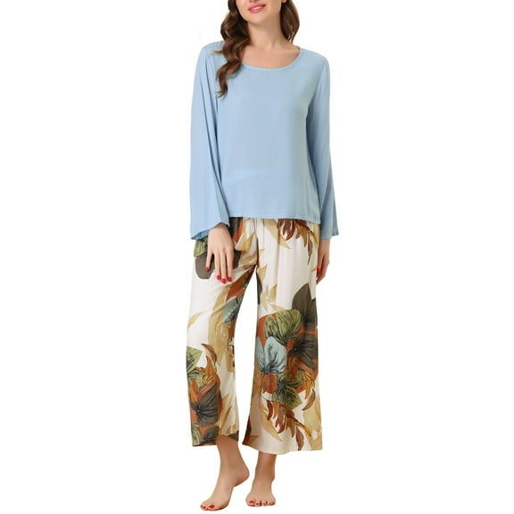 INSPIRE CHIC Women's 2 Pcs Long Sleeve Top with Floral Capri Pants Lounge Set Sleepwear Pajama Sets XS Blue