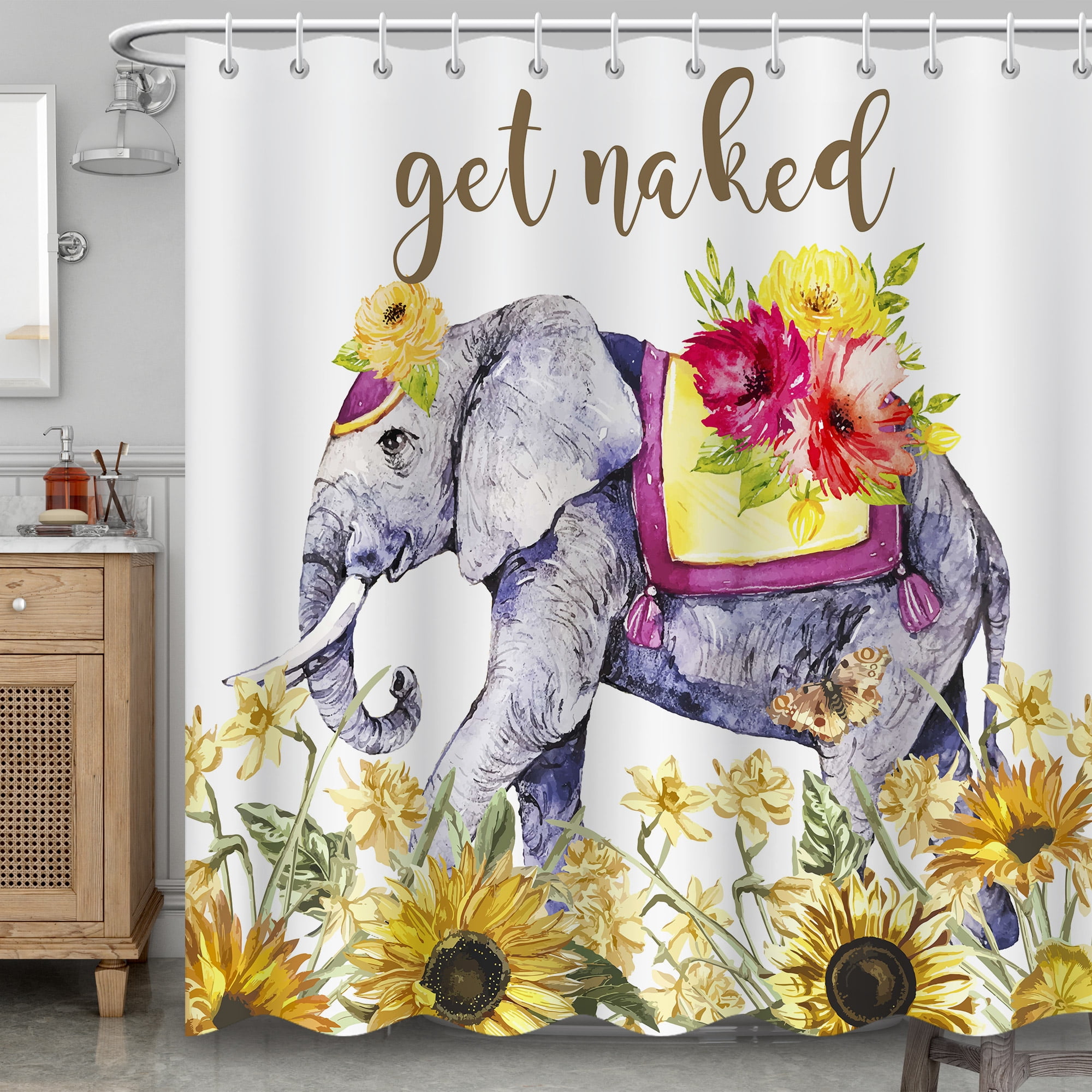 BLINGPAINTING Elephant Shower Curtain Rustic Farmhouse Yellow