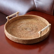 Serving Storage Tray,Hand-Woven Rattan Storage Tray Wicker Basket,Round Handwoven Serving Tray Food Baskets,Decorative Organizer Tray with Handles,Woven Serving Tray Breakfast 24x3cm