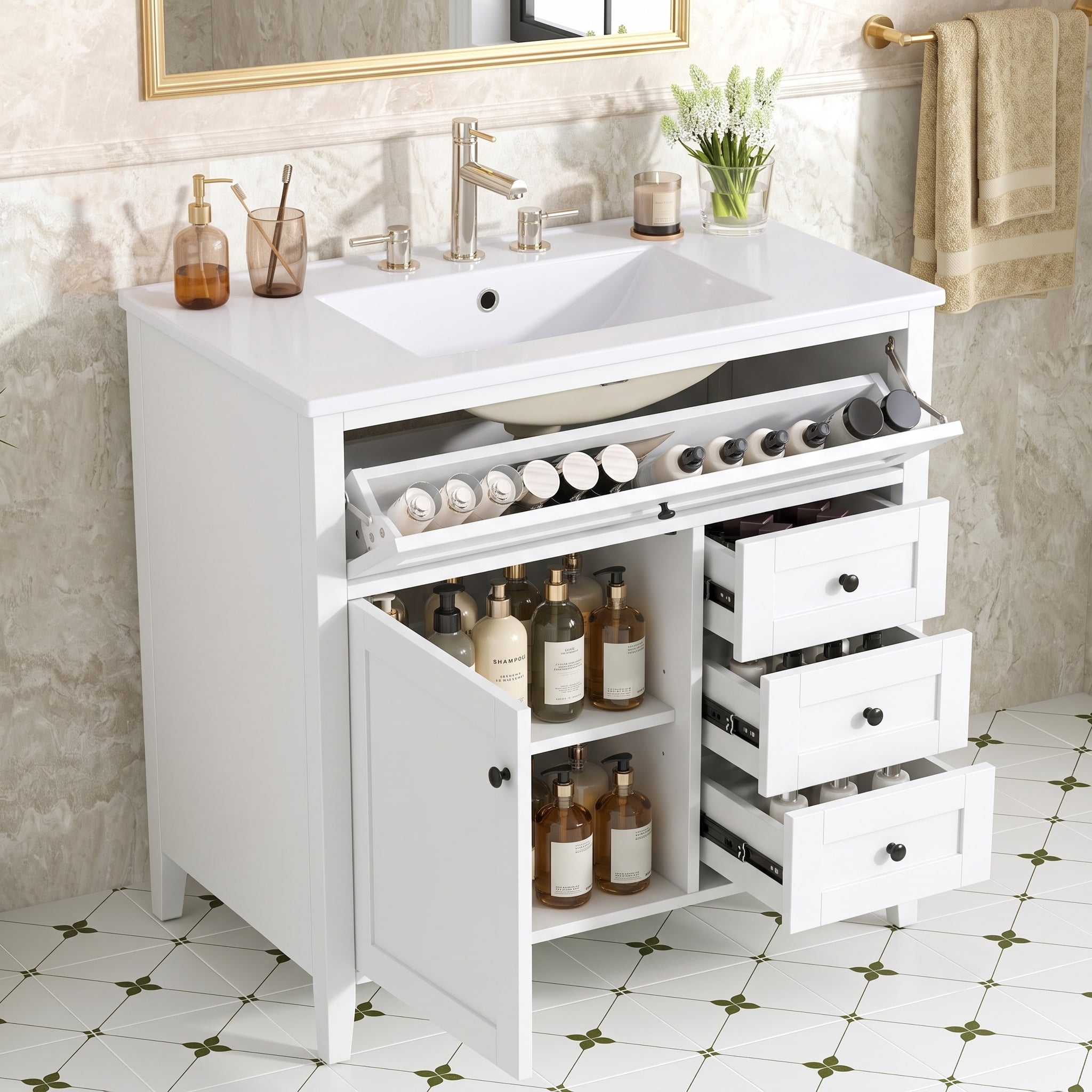 Anpport 36" Freestanding Bathroom Vanity with Sink, Modern MDF & Rubberwood Cabinet, 3 Drawers, Adjustable Shelf & Left‑Side Door, White