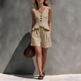 thumbnail image 5 of Outfits Linen Vest Waistcoat Dressy Casual Sets Women's Stripe Solid Casual Sleeveless Ruffle Vests Tops And Wide-Leg Pants With Pockets Suit Set Khaki L, 5 of 7