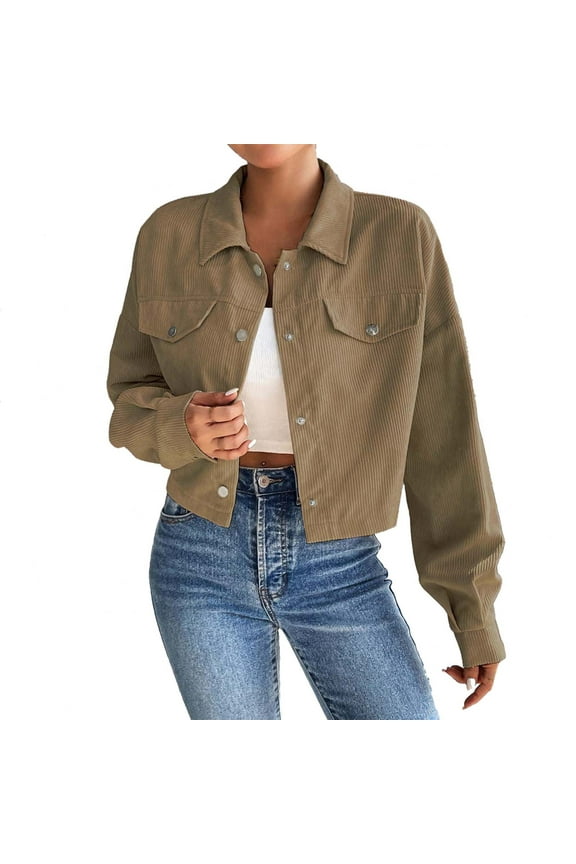 Women's Cropped Shacket Jacket Lightweight Long Sleeve Button down Corduroy Coat Fashion Outwear