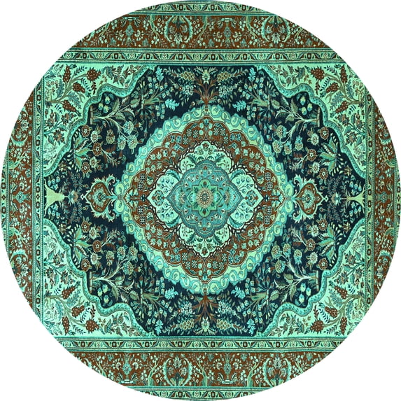 Ahgly Company Machine Washable Indoor Round Persian Turquoise Blue Traditional Area Rugs, 4' Round