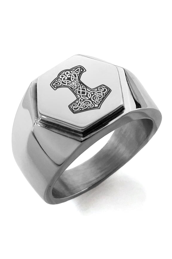 Stainless Steel Thor's Hammer Mjolnir Knot Viking Norse Engraved Hexagon Crest Flat Top Biker Style Polished Ring
