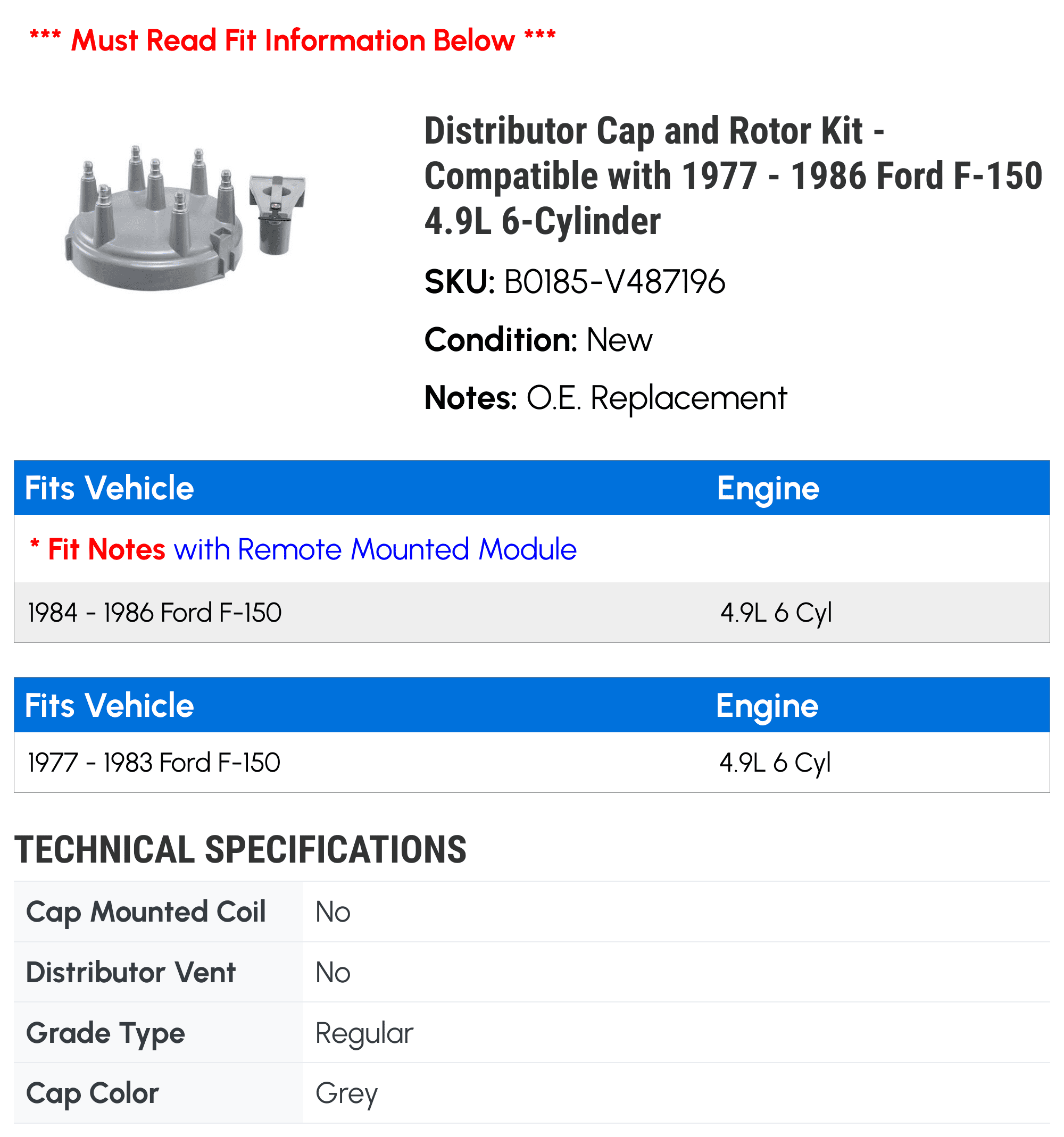 Distributor Cap and Rotor Kit - Compatible with 1977 - 1986 Ford F-150 4.9L 6-Cylinder 1978 1979 1980 1981 1982 1983 1984 1985