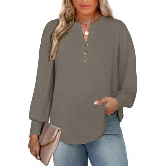 SHEWIN Plus Size Sweatshirt for Women V Neck Henley Tops Long Sleeve Shirts Business Blouses Lightweight Basic Tees Trendy Cute T Shirts Fall Clothes Brown 1X