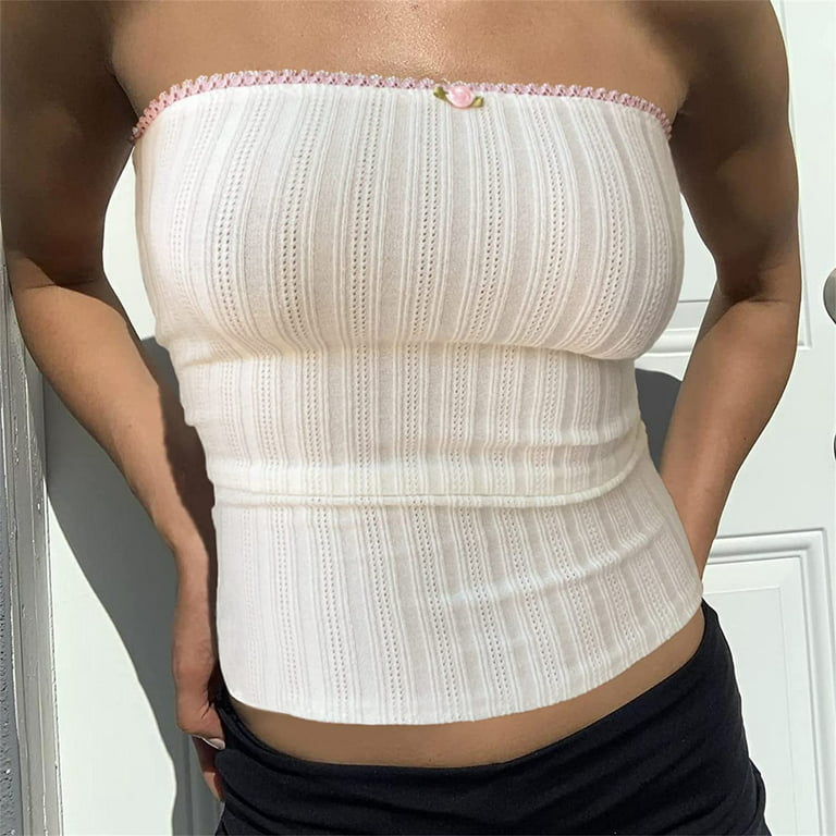 Cute Floral Tube Tops for Women Sexy Strapless Backless Mesh Bandeau Crop  Top Y2K Summer Aesthetic Tank Clothing (A-White, L)