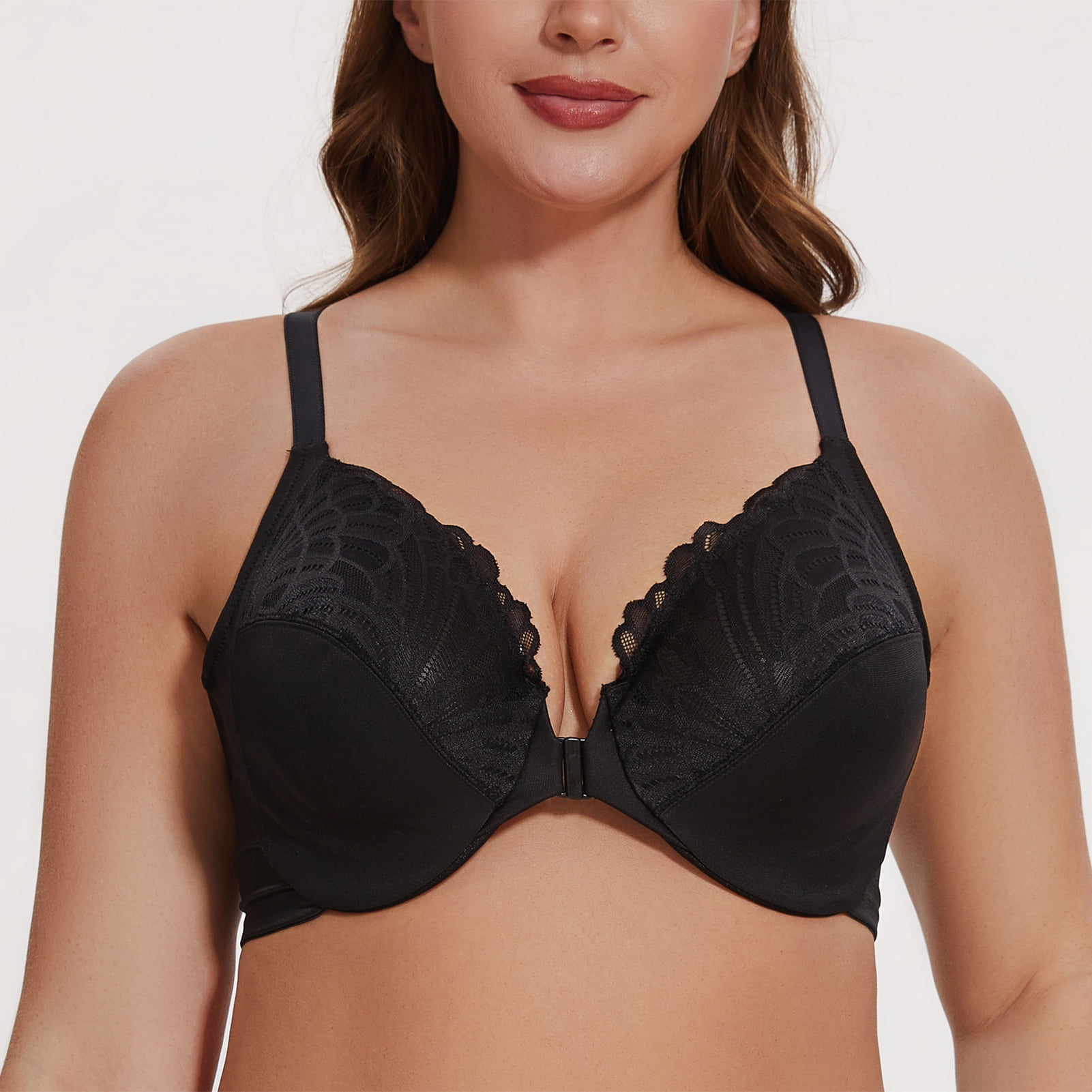 MELENECA Women's Racerback Front Closure Lace Unlined Plus Size Full Coverage Underwire Bra Black 44B