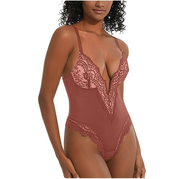 Viluyesy Shapewear for Womens, Adjustable Strap Tummy Control Deep V-Neck Slim Fit Thong Bodysuit Brown S