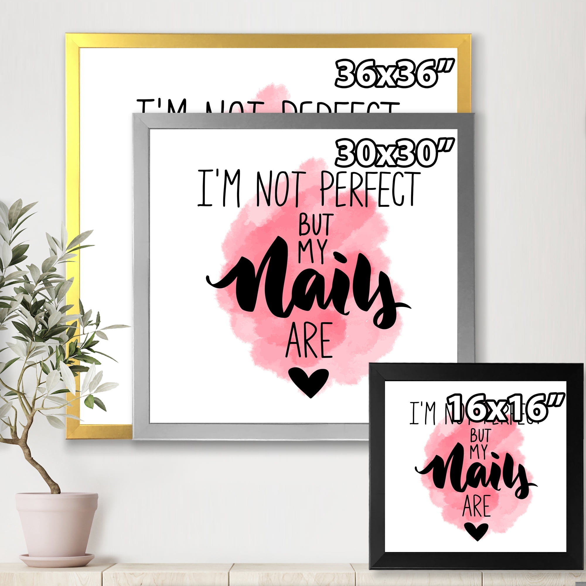 Designart 'I Am Not Perfect But My Nails Are on Pink Background' Modern Framed Art Print