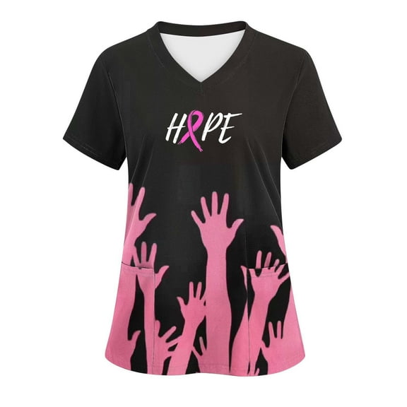 Xfvqtps Scrub Tops for Women Pink Ribbon Breast Cancer Awareness Scrubs Comfortable Lightweight Nursing Uniforms V-neck Short Sleeve Working Uniforms Shirt with Pockets Multicolor