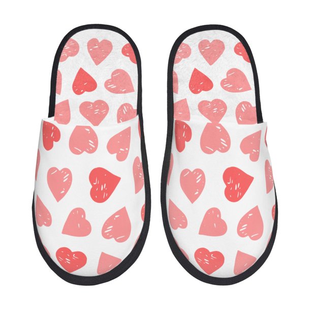 Balery Pink Hearts1 Pantuflas de Casa de Felpa Silenciosas con Diseño Estampado, Zapatillas Cómodas Antideslizantes de Algodón para Interior-Large