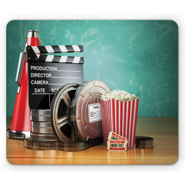 Movie Theater Mouse Pad, Production Theme 3D Film Reels Clapperboard  Tickets Popcorn and Megaphone, Rectangle 