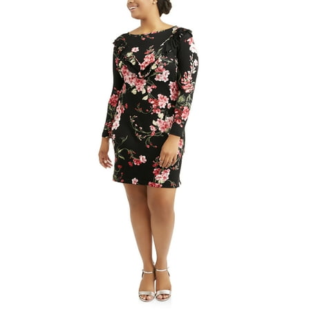 Junior's Plus Long Sleeve Ruffle V Knit Bodycon Dress