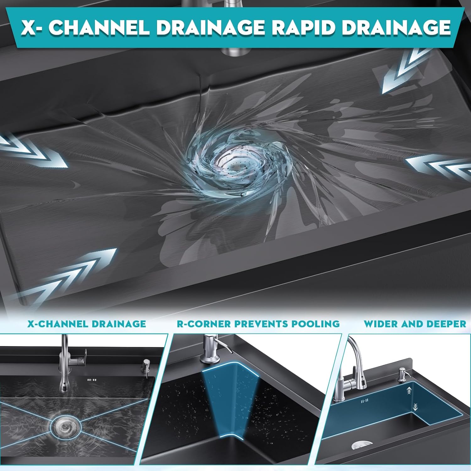 Gaonala 25.6in Stainless Steel Single Bowl Utility Sink Black Freestanding with Hoses Drain Kit for Bathroom Office