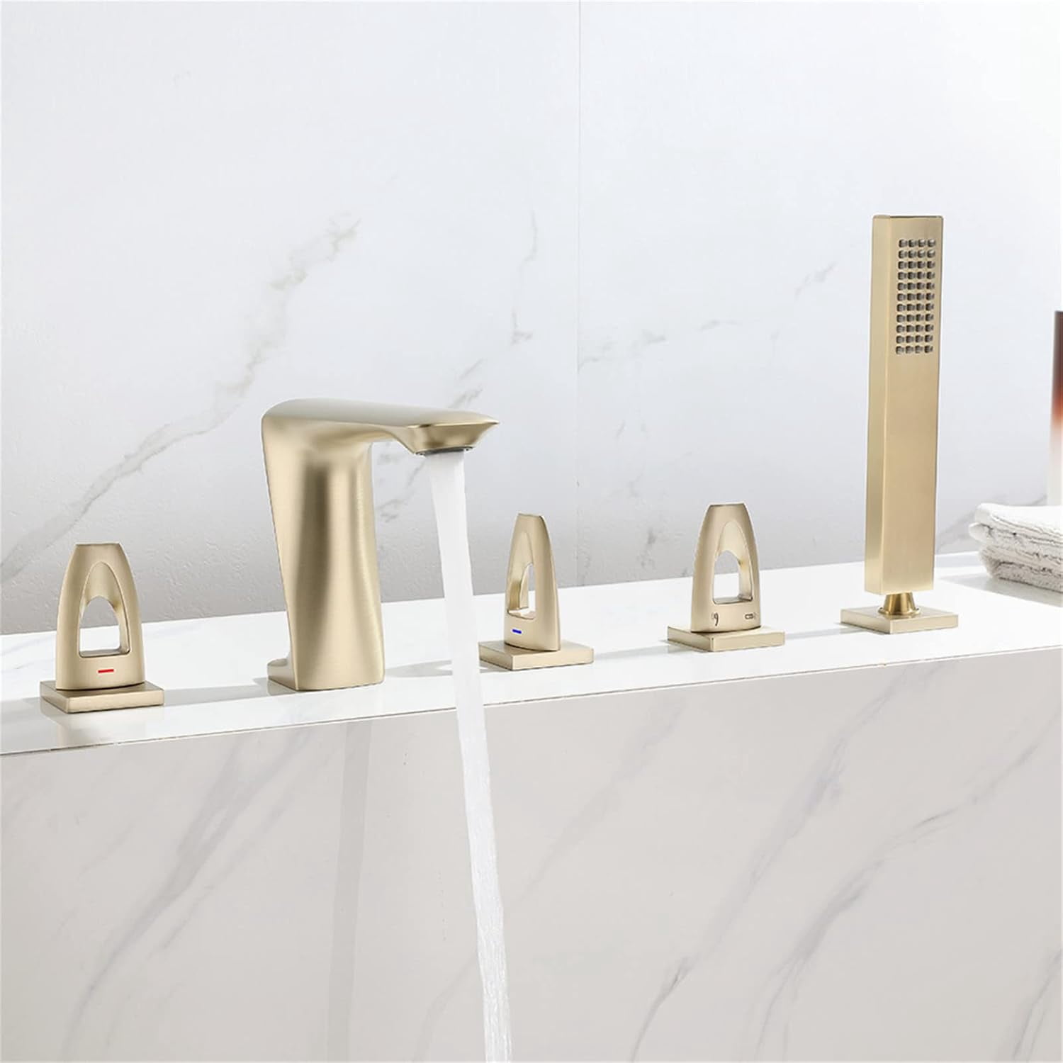 Bathtub Faucet, 5pc Deck Mounted Bath Shower Set Brass Hand Shower Basin Mixer Tap Widespread Tub Sink Faucet