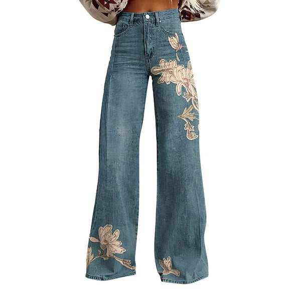 Endives Wide Leg Pants Woman High Waist Floral Patterned Pants Lightweight Loose Fit Casual Colorful Trouser Imitation Jeans