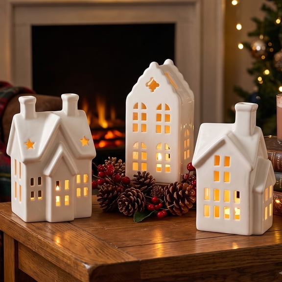 White Ceramic Christmas Village House Tea Light Holder, Decorative Seasonal Accent, Versatile Display, for Christmas Tree, Mantel, Shelf, Doorway, Living Room and Holiday Party Decor