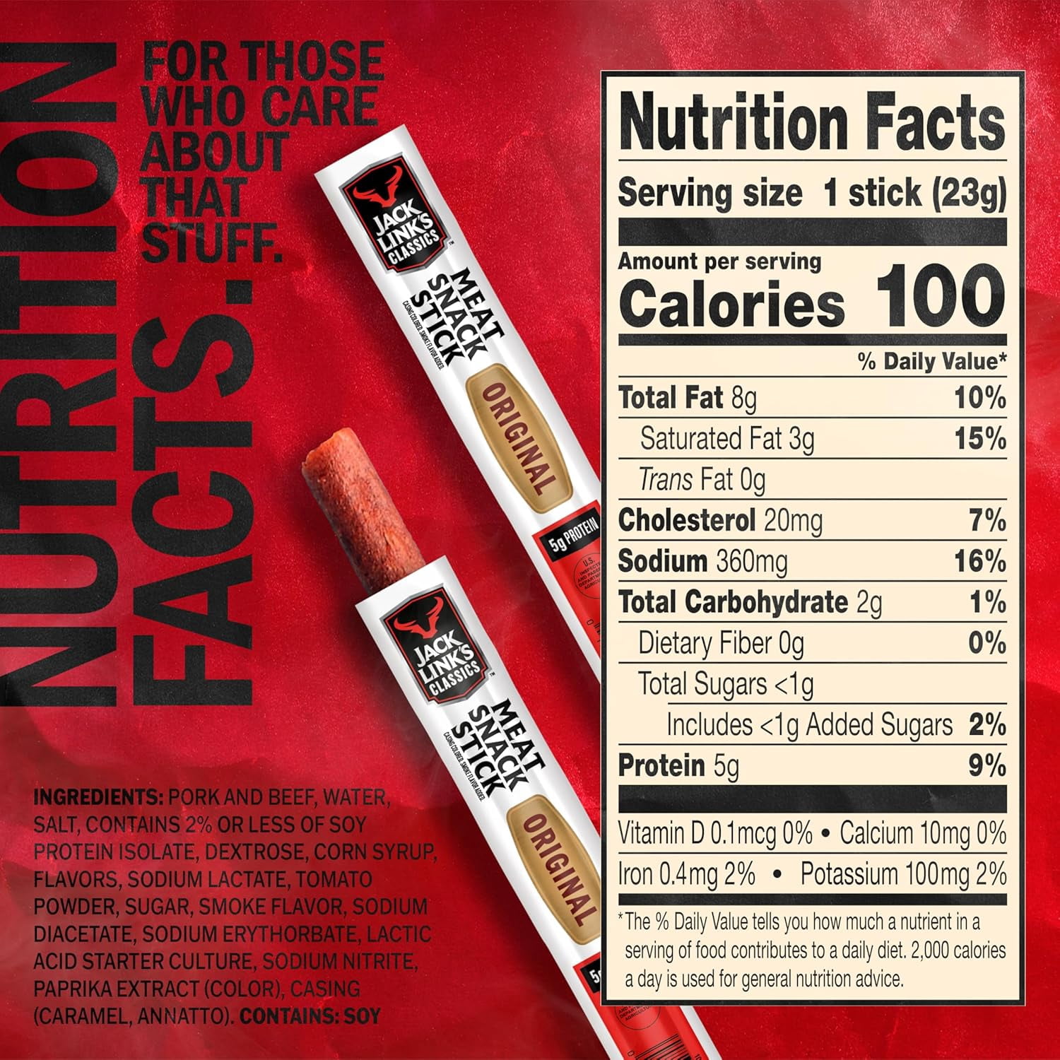 Jack Link's Meat Sticks, Original ? Protein Snack, Meat Stick with 5g of Protein ? 0.8 oz. (Pack of 20)