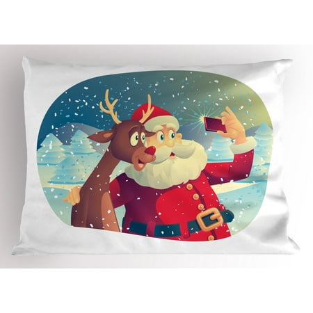 Santa Pillow Sham Best Friends Taking a Funny Christmas Selfie with Cellphone in a Snowy Winter Forest, Decorative Standard Size Printed Pillowcase, 26 X 20 Inches, Multicolor, by