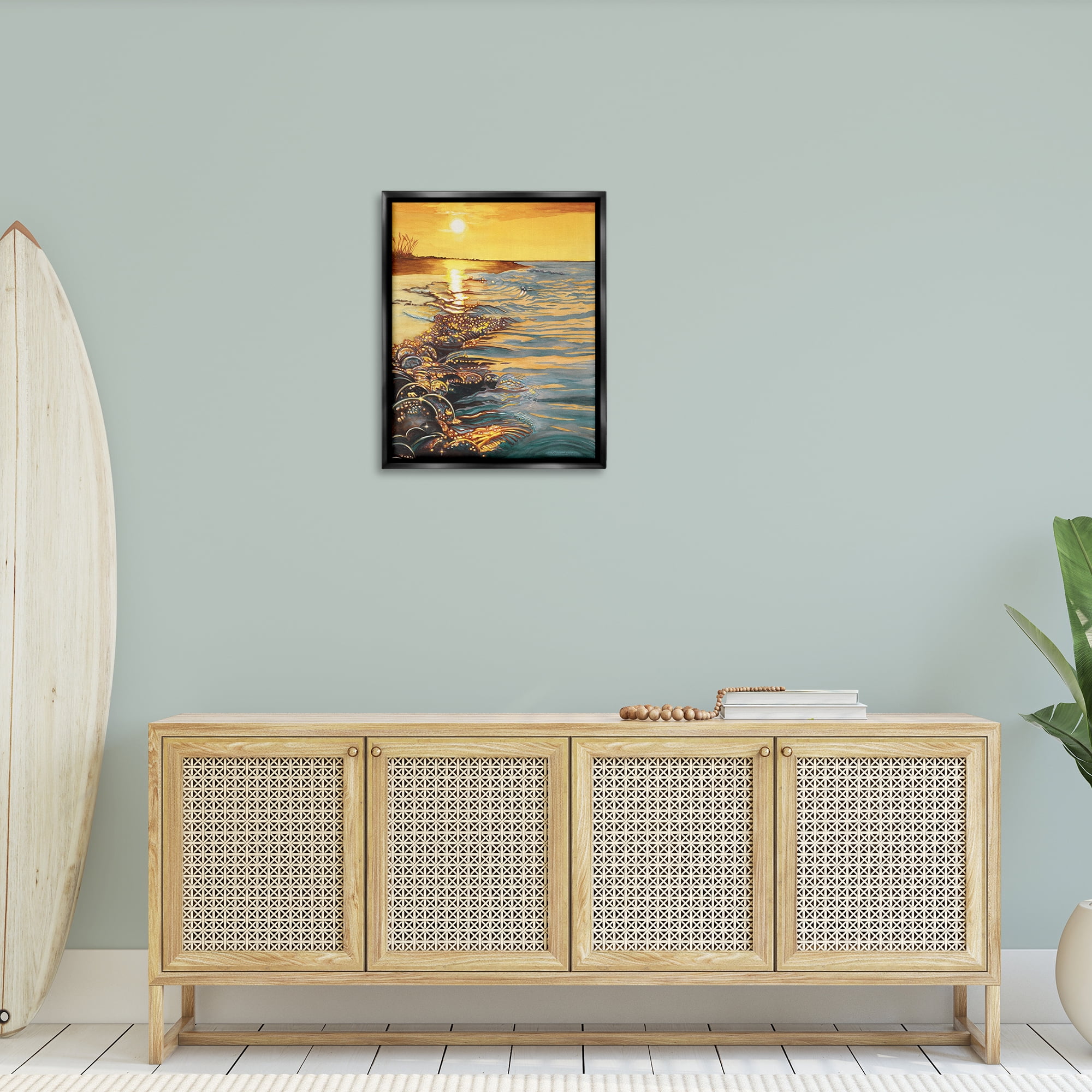 Stupell Industries Saltwater Beach Sunset Landscape Painting Black Floater Framed Canvas Art Print Wall Art, 25 x 31