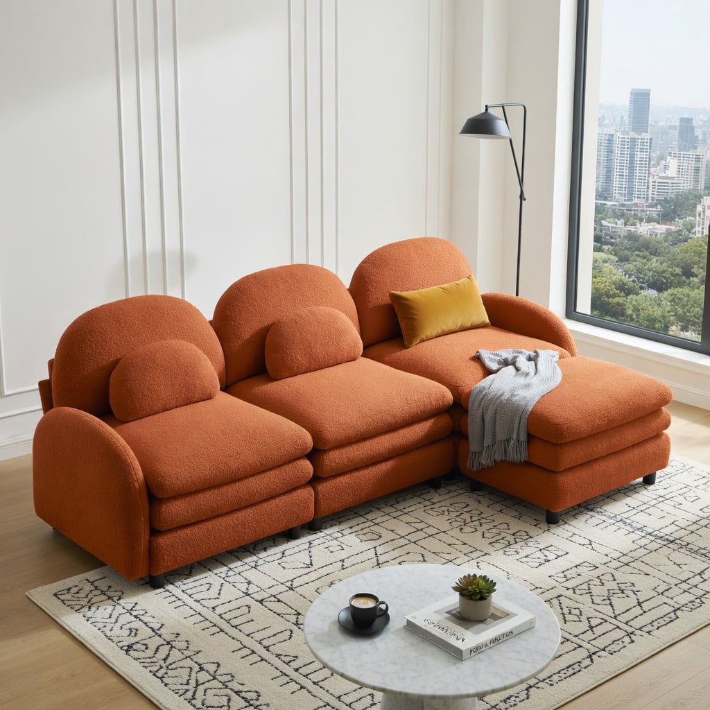 Hommoo Teddy Fleece 4-Seat Modular Sectional Sofa, Cloud-Like Double-Layer Cushions, Curved Backrest & Armrest, Movable Ottoman, Lumbar Support Pillows, Orange