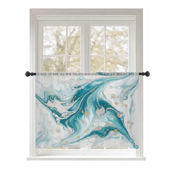 Sheer Curtains 54 Inch Length, White Teal Marble Semi Sheer Curtains Light Filtering Window Treatment, Modern Abstract Art Marble Fluid Privacy Voile Drapes for Living Room Bedroom 52x54 Inch