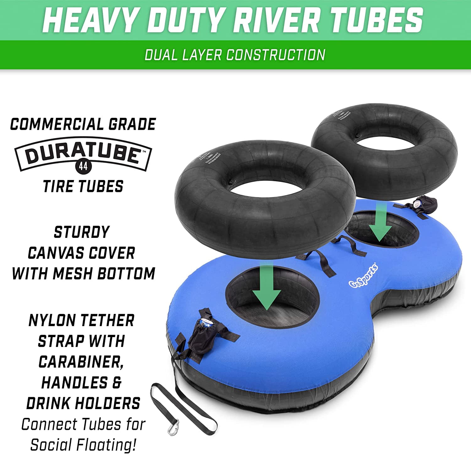 GoSports Heavy Duty 2 Person Floating River Tube with Premium Canvas Cover-Commercial Grade Double River Tube-Blue