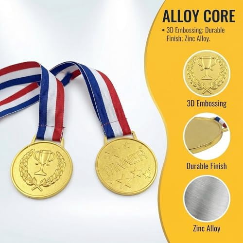 Gold Medals, 12 Pack Metal Award Medals for Kids and Students, Classroom Rewards for Teachers, School Competitions, Sports Events, and Family Party Games
