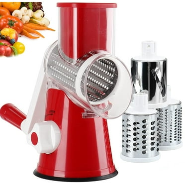 Rotary Cheese Grater, Kitchen Mandoline Vegetable Slicer with 3 Interchangeable Blades, Easy to Clean Vegetable Chopper Slicer for Cheese, Vegetable, Walnut, Chocolate, Potato, Carrot (Red)