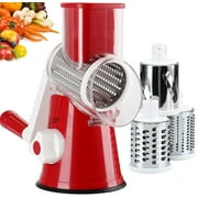 Rotary Cheese Grater, Kitchen Mandoline Vegetable Slicer with 3 Interchangeable Blades, Easy to Clean Vegetable Chopper Slicer for Cheese, Vegetable, Walnut, Chocolate, Potato, Carrot (Red)