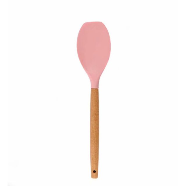 Silicone Strainer With Wooden Handle, Heat-Resistant Food Grade Silicone, Non-Stick Spatula, Kitchen Utensils, Pink