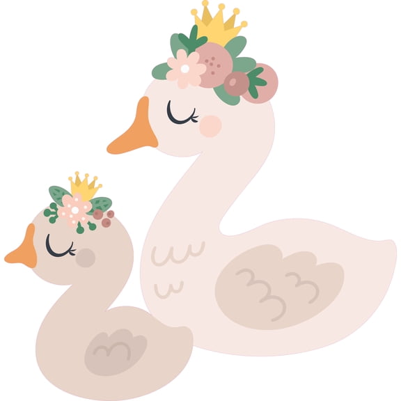 Kids Bedroom Nursery Swan And Pen Decoration Flower Crown Design Vinyl Adhesive Wall Decal - 20" x 20" Home Living Room Bird Animals Duck And Duckling Floral Crown Art Removable Wall Sticker Decor