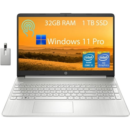 HP Touchscreen Laptop, 15.6" HD Laptop, Intel Core i3-1115G4, 32GB RAM, 1TB PCIe SSD, Intel UHD Graphics, HD Webcam, Numpad, Wi-Fi 5, Bluetooth, Silver, Win 11 Pro, 32GB USB Card