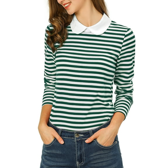 MODA NOVA Juniors Peter Pan Collar Long Sleeves Contrast Striped Blouse
