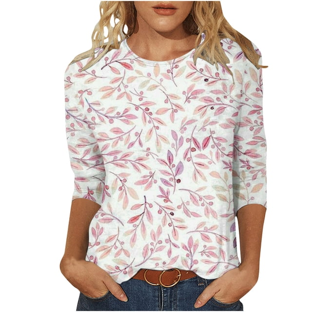 Birdeem T-Shirt Décontracté Imprimé Col Rond Manches 3/4 pour Femmes Haut Ample