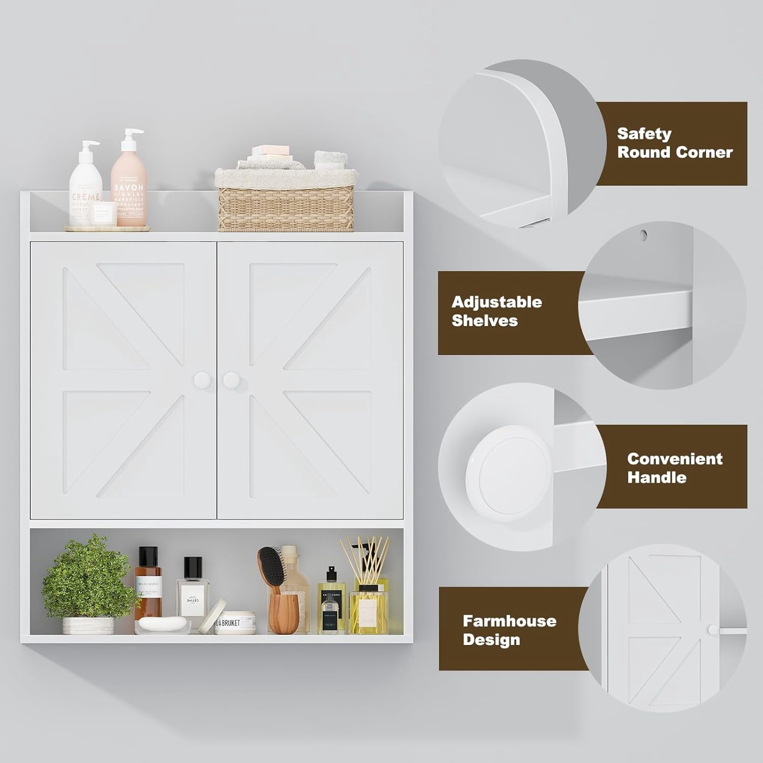 POAO Bathroom Wall Storage Cabinet, Wooden Medicine Cabinet with Adjustable Shelves and Double Barn Doors, Over The Toilet Storage Cabinet,White