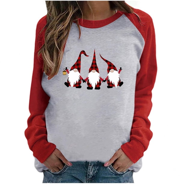 Pntutb Mujeres Navidad Impresión Suelta Casual Manga Larga Raglan Mujeres Blusa tops Pntutb Pntutb-4174