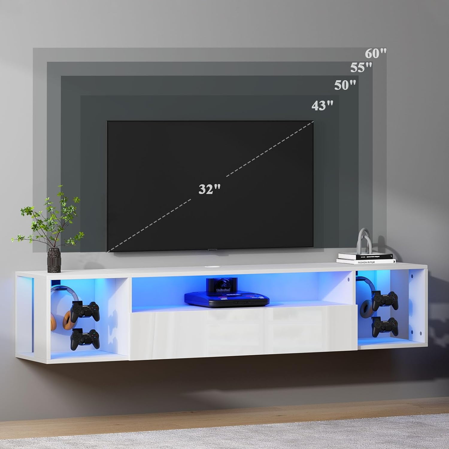 Soges Wall Mounted TV Cabinet with 3 Drawers and LED Lights, Floating TV Stand with LED for Living Room Bedroom, White, 55 inch