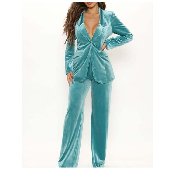 JGGSPWM Women Velvet Blazer Suit Office Formal Business Work Wear Long Sleeves Blazer 2-Piece Elastic Waist Long Trouser Outfit Light Blue M