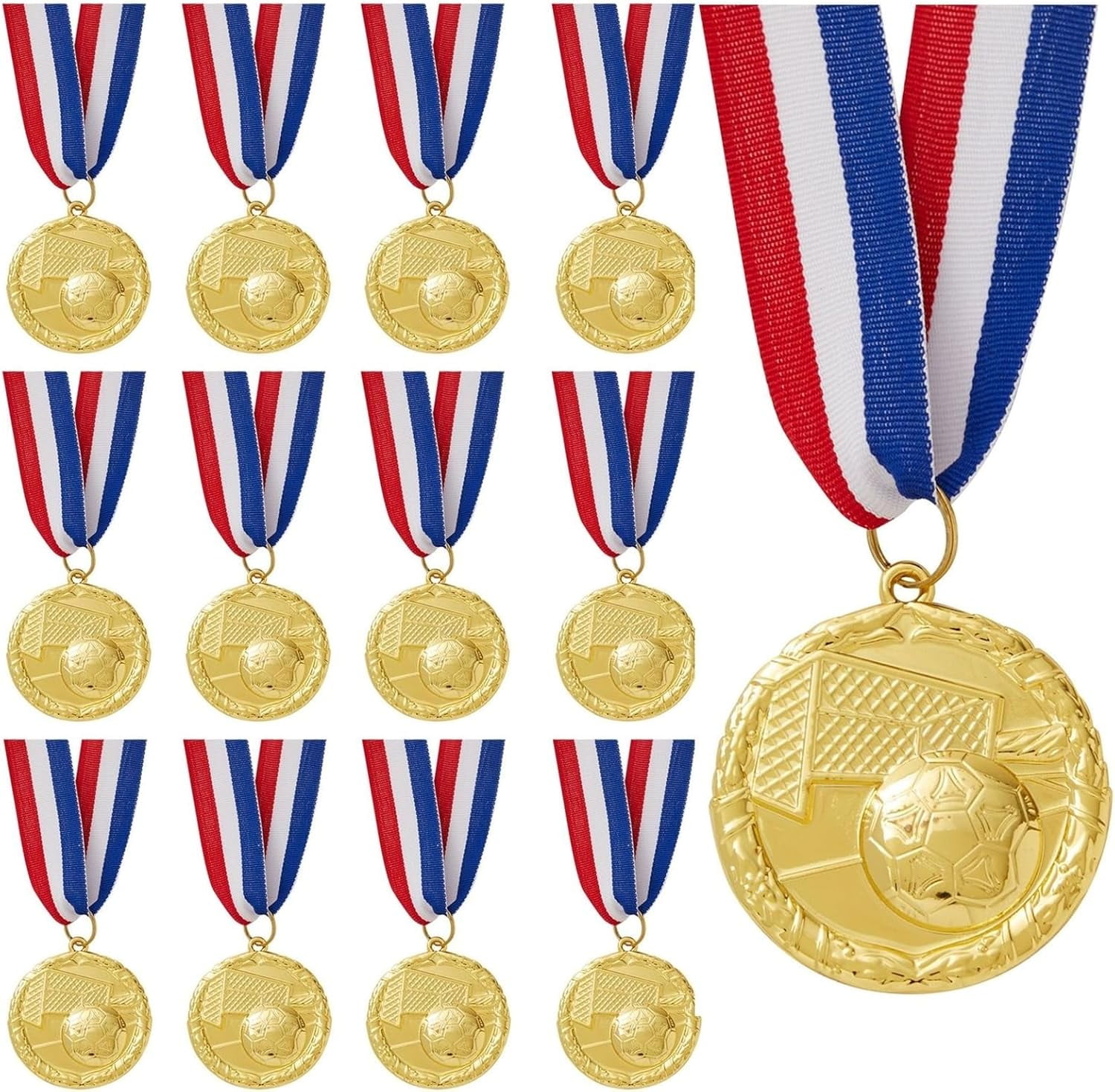 12 Pack Award Medals for Adults - Team Participation Trophies with Red, White, and Blue Striped Ribbon, Sports Themed Party Favors (2 in, Metal, Gold)