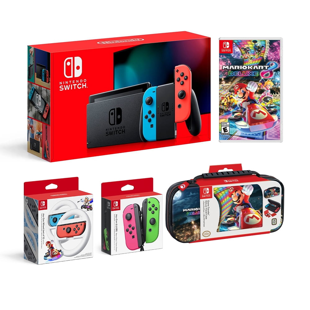 Nintendo Switch Super Mario Kart 8 Deluxe Bundle Red And Blue Joy Con Console an Extra Pair Of Neon Pink And Green Joy Con Joy Con Wheel Set Of 2 S