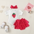 thumbnail image 2 of mgoYE 0-3 Months Baby Girl Clothes Baby Girl Clothes Strawberry Short Sleeve Ribbed Knit Romper Tops + Tutu Skirt Shorts + Cute Headband 3pcs Set(Red,6-12 Months), 2 of 8