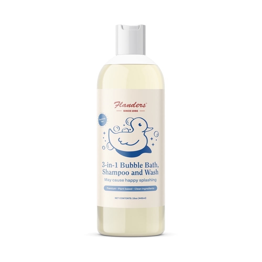 Flanders Bubble Bath, Shampoo and Wash | 3-IN-1 | Pharmacist Developed | Plant Based, Fragrance Free, Clean Ingredients | Calming, Fun Bubble Bath and Wash for the Most Sensitive Skin| All Ages|15oz
