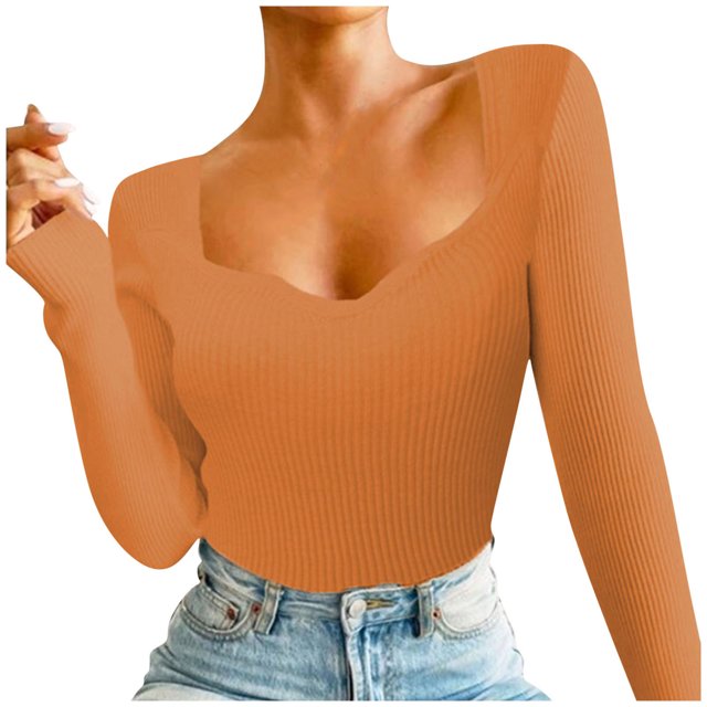 Gibobby Sueter para mujer invierno casual Suéter de punto con cuello en V de color sólido para mujer Suéter de cuello con fondo(Naranja,XG)