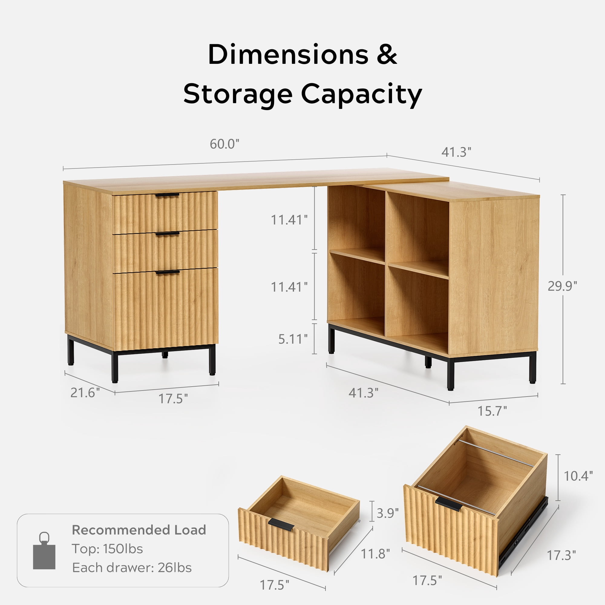 EYYTHUNG 60" Fluted Executive Desk with Storage Cabinet, Modern Home Office Desk with File Drawer, L Shaped Writing Desk